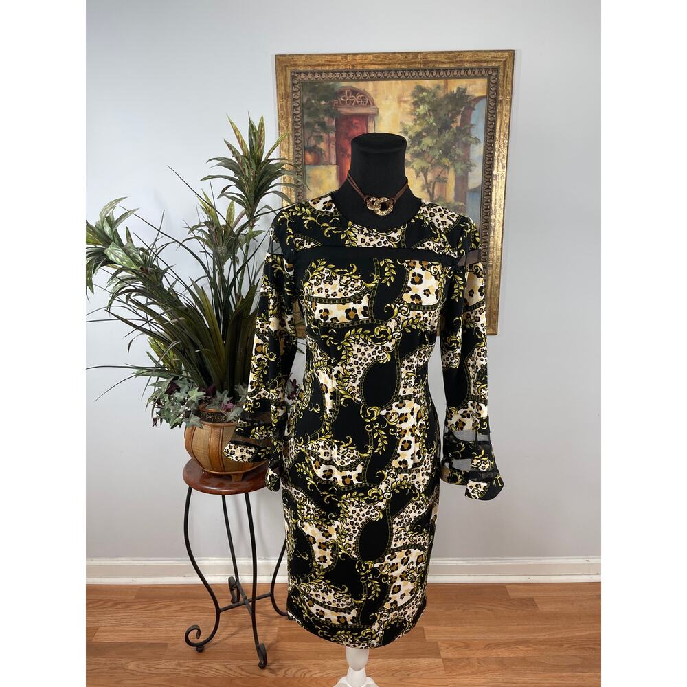 ILE New York Bodycone Dress Womens 6 Multicolor Baroque Chain Leopard Print Goth